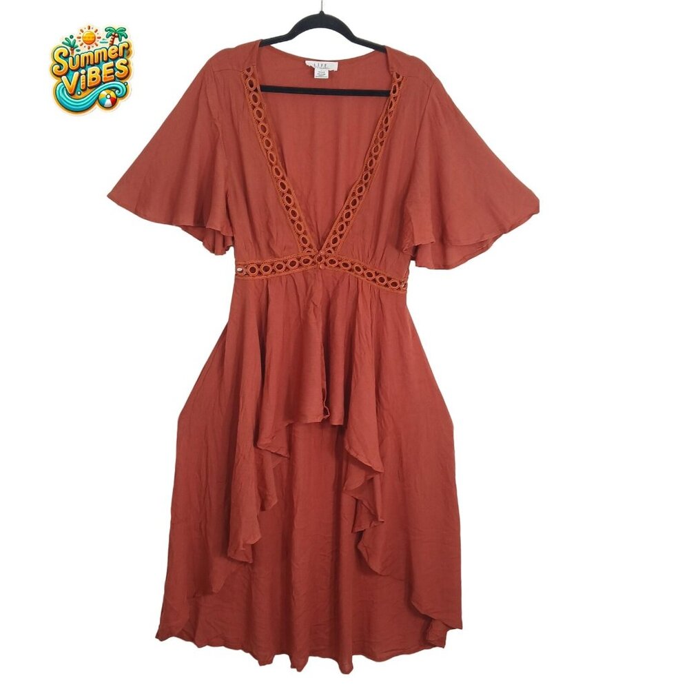 L.I.F.E. Bohemian Maxi Dress Women’s L Rust Brown Flowy Ruffle 🌸